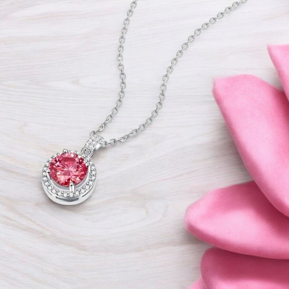 3ct Pink Moissanite ✦ Halo Pendant Necklace ✦ 925 Silver 14K Gold Overlay 18" - Picture 2 of 11